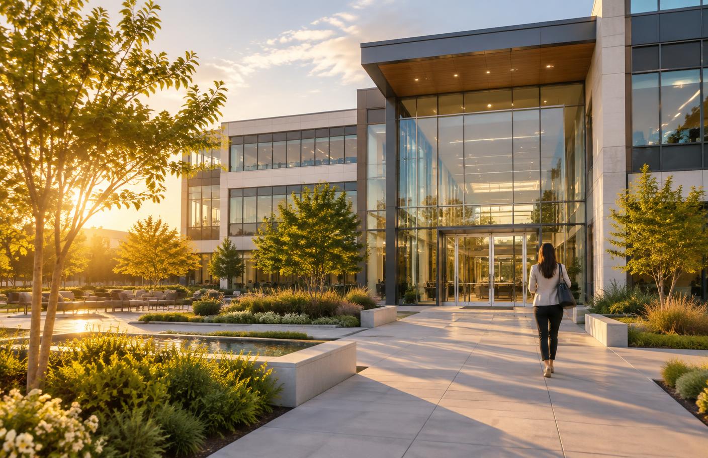 A visitor walking toward the main entrance of a modern office campus