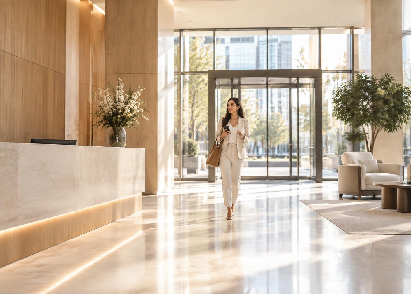 A guest arriving in a bright modern building lobby